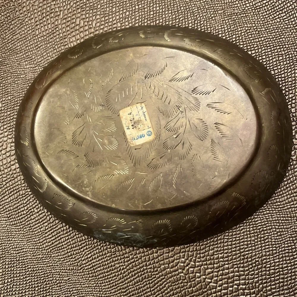 VTG Orient Bronze Plate Inlaid Design Decorative Hand Carved Fruit Bowl India